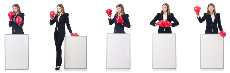 Wall Mural - Woman boxer with blank board on white 