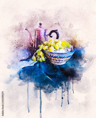 Beautiful Still Life With Teapot And G Vase Digital Watercolor Splashes Paper Effect Bright Painting For Interior Decor Postcard Poster Print Design Deep Colors Purple Blue Green Yellow Stock Ilration Adobe - Poster Colour Painting On Paper