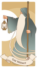 Major Arcana Tarot Cards. The Hermit. Old Man With A Long Beard, Wearing A Long Hooded Robe, Leaning On A Staff And Illuminating His Path With An Old Lamp.