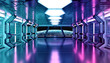 © sdecoret - Dark blue pink spaceship futuristic interior with window view on planet Earth 3d rendering