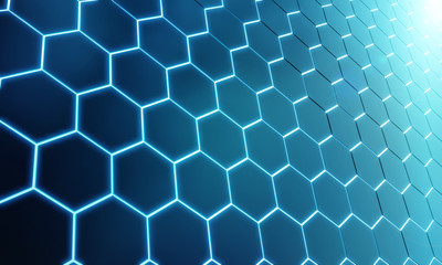 Wall Mural - Glowing black and blue hexagons background pattern on silver metal surface 3D rendering