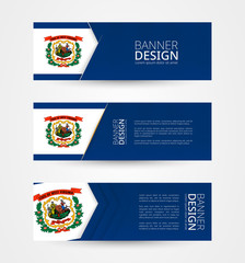 Set of three horizontal banners with US state flag of West Virginia. Web banner design template in color of West Virginia flag.