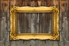 Old Gold Picture Frame On Wood Background, White Inside Mockup