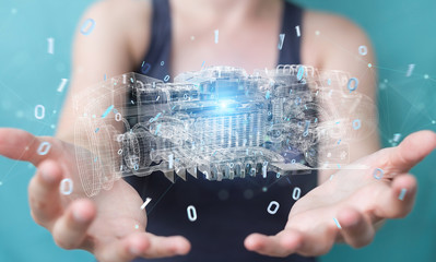 Poster - businesswoman using wireframe holographic 3d digital projection of an engine