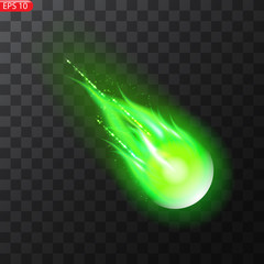 Wall Mural - Vector illustration of realistic falling comet. Isolated transparent background. Shooting star, meteor