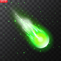 Wall Mural - Vector illustration of realistic falling comet. Isolated transparent background. Shooting star, meteor