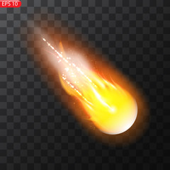 Wall Mural - Vector illustration of realistic falling comet. Isolated transparent background. Shooting star, meteor