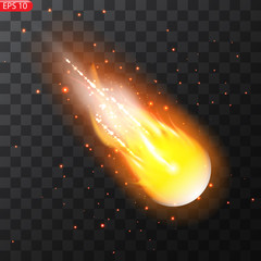Wall Mural - Vector illustration of realistic falling comet. Isolated transparent background. Shooting star, meteor