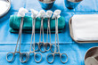 Scissors surgical with torundas in an operating theater, composi