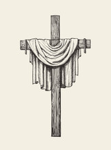 Crucifix, Cross And Shroud Hand Drawn. Religious Sign. Sketch Vector Illustration