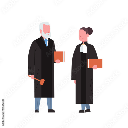 Fotomural judge woman man couple court workers in judicial robe holding book and hummer lo