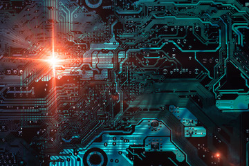 Fototapete - Circuit board double exposure background of computer motherboard with light flash lens flare.