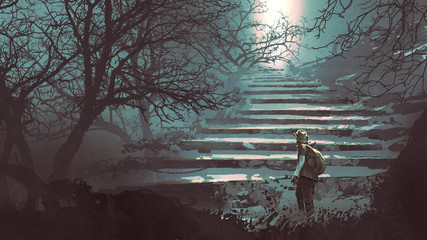 man climbing stone stairs in the mysterious forest, digital art style, illustration painting