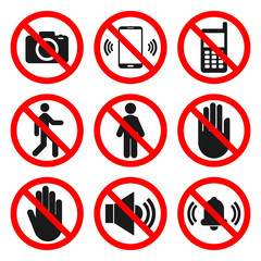 Canvas Print - NO CAMERAS, NO PHONES, NO ENTRY signs. NO SOUND, DO NOT TOUCH symbols. Forbidden icon set. Vector.