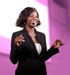 © TheVisualsYouNeed - successful black African American business woman with headset speaking in auditorium at corporate training event or seminar giving motivation and success coaching