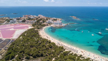 Wall Mural - Colonia Sant Jordi, Mallorca Spain. Amazing drone aerial landscape of the charming Estanys beach. Caribbean colors, green and blue