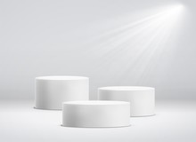 White Cylinder Template. 3d Base Stand Podium Or Studio Pedestal Round Platform Showroom Vector Illustration