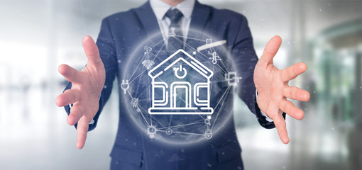 Poster - businessman holding smart home interface with icon, stats and data 3d rendering
