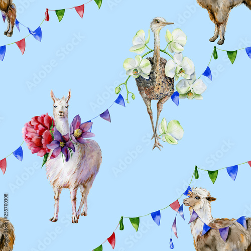 Watercolor seamless pattern of  cartoon alpaca, cute llama and ostrich with o...