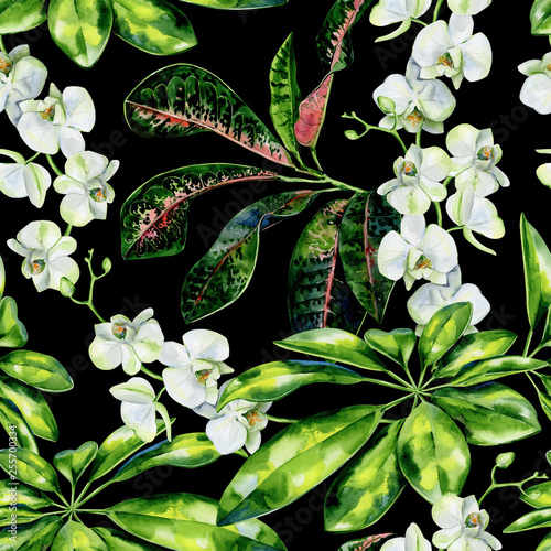 Watercolor seamless tropical pattern of schefflera, croton and white orchids ...