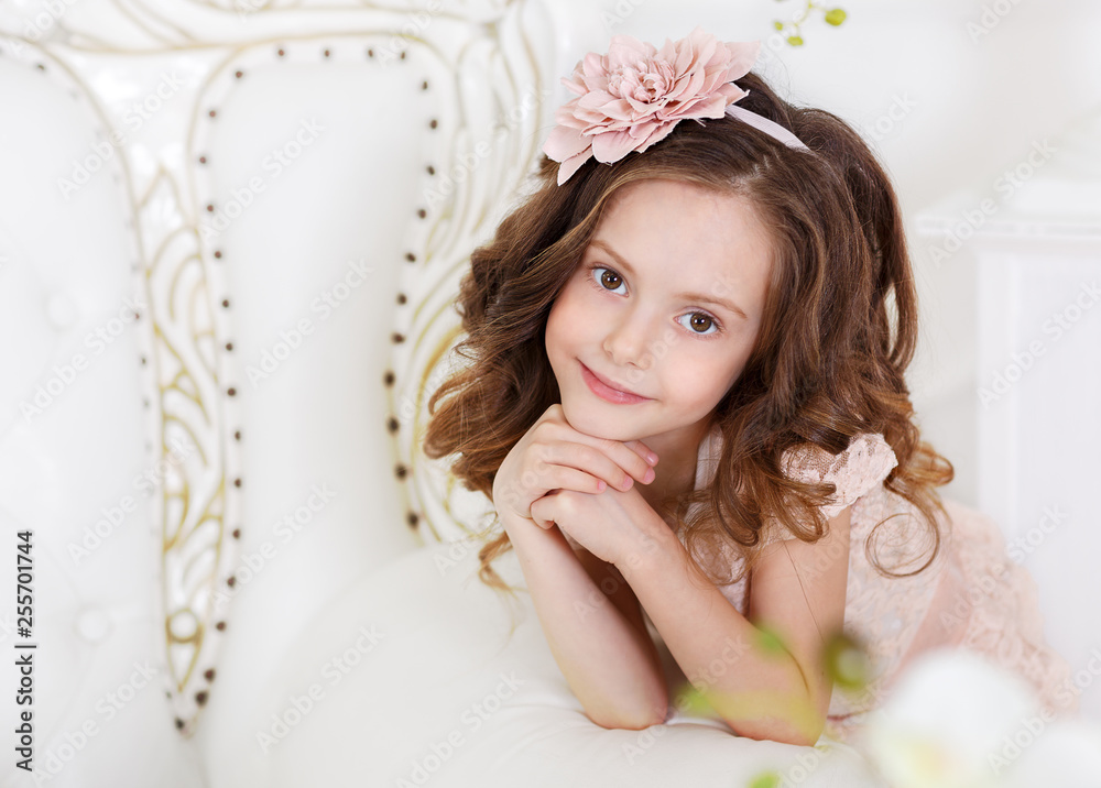 Portrat of a little girl with beautiful long dark hair, dressed in a ...