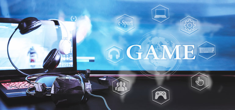 gamer workspace concept, game mechanism, mouse, keyboard headset, webcam, VR headset. Devices for cyber sport, e-sport on a black background table with digital symbols and text game.