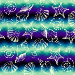 Fototapete - Blue waves pattern and hand draw in marine style.