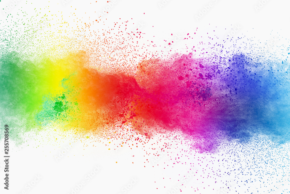 Colorful powder explosion on white background. Pastel color dust particle splashing. - obrazy, fototapety, plakaty 
