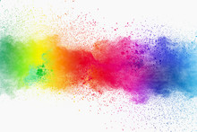 Colorful Powder Explosion On White Background. Pastel Color Dust Particle Splashing.