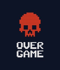 Game over text and red skull 8 bit vector illustration. Retro video game design element on dark background