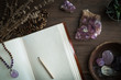 Open Journal or Notebook Surrounded by Amethyst Crystals Dried Lavender and Succulent Plant