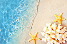 Starfish On The Summer Beach In Sea Water. Summer Background. Summer Time.