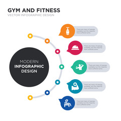 Wall Mural - modern business infographic illustration design contains bench press, biceps, bodybuilder, bosu ball, boxing bag simple vector icons. set of 5 isolated filled icons. editable sign and symbols