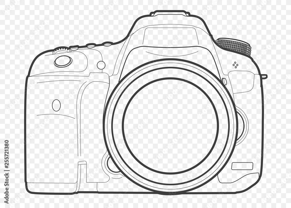 Outline vector illustration of reflex slr camera with lens in front, drawn with lines - obrazy, fototapety, plakaty 