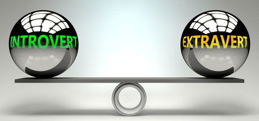 Introvert and extravert balance, harmony and relation pictured as two equal balls with  text words showing abstract idea and symmetry between two symbols and real life concepts, 3d illustration