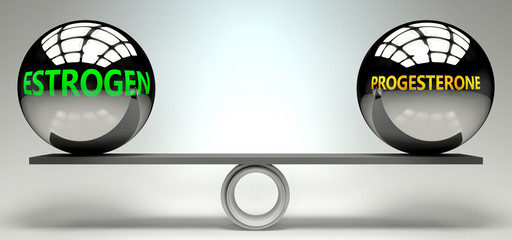 Poster - Estrogen and progesterone balance, harmony and relation pictured as two equal balls with  text words showing abstract idea and symmetry between two symbols and real life concepts, 3d illustration