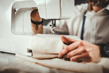 Sewing Machine During Work, Close Up