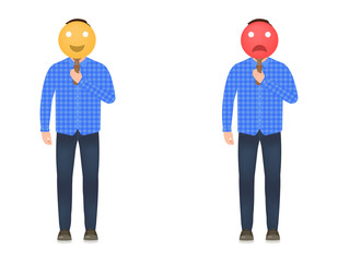 A man holds a mask with a cheerful and sad face, the mood of a guy, a man in a plaid shirt, jeans and sneakers, a character in a cartoon style