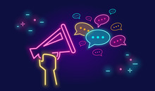 Megaphone Shouting Out With Speech Bubbles Banner For Social Networks In Neon Light Style On Dark Background