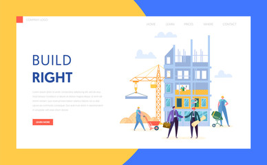 Poster - Business Construction Work Process Concept Landing Page. Builder Character in Helmet Build House. Happy People in Suit Make Deal Website or Web Page. Flat Cartoon Vector Illustration