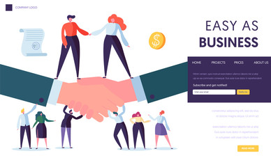 Poster - business partnership concept landing page. people character stand on two businessman shaking hand. s