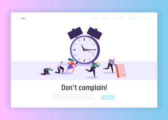 Poster - Time and Term Deadline Concept Landing Page. Male and Female Office Worker Character Run to Finish. Time Management Planning Website or Web Page. Big Clock Flat Cartoon Vector Illustration