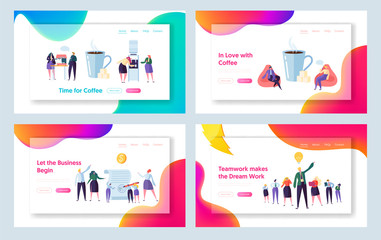 Poster - office coffee break concept landing page set. business partner new contract signing. worker characte