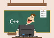 c++ programing language.  man in suit a man sitting next to a computer in front of  blackboard. C++ on blackboard