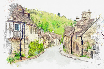 Watercolor sketch or illustration of a beautiful view of traditional houses in a small town or village of Castle Combe in England