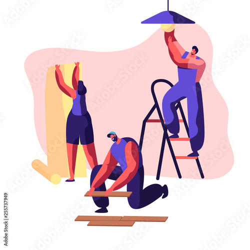 Repair Service Professional Worker In Uniform For Renovation Work Woman Glues Wallpaper In Home Man Lay Laminate On Floor Workman On Ladder Change Light Bulb Flat Cartoon Vector Illustration Buy This