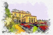 Watercolor Sketch Or Illustration Of A Beautiful View Of The Wrest Park Building, Near Silsoe, Bedfordshire, England