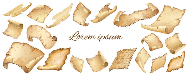 Poster of flying or falling royal old parchments. Set isolated ancient paper for message. Isometric 3d vector illustration for computer games and books design.