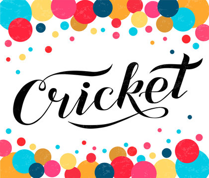 Hand drawn Cricket lettering text on background with colored circles, vector illustration. Cricket brush calligraphy. Summer sport, fitness, activity vector design. Print for logo, T-shirt and caps.