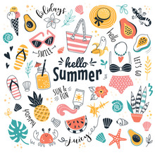 Hello Summer Collection. Vector Illustration Of Funny Cartoon Summer Icons, Such As Fruits, Exotic Animals And Plants, Swimwear And Food In Doodle Style. Isolated On White.
